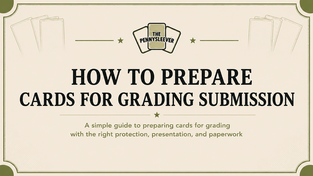 The Pennysleever graphic titled “How to Prepare Cards for Grading Submission,” featuring a vintage cream and olive-green design with trading card illustrations.