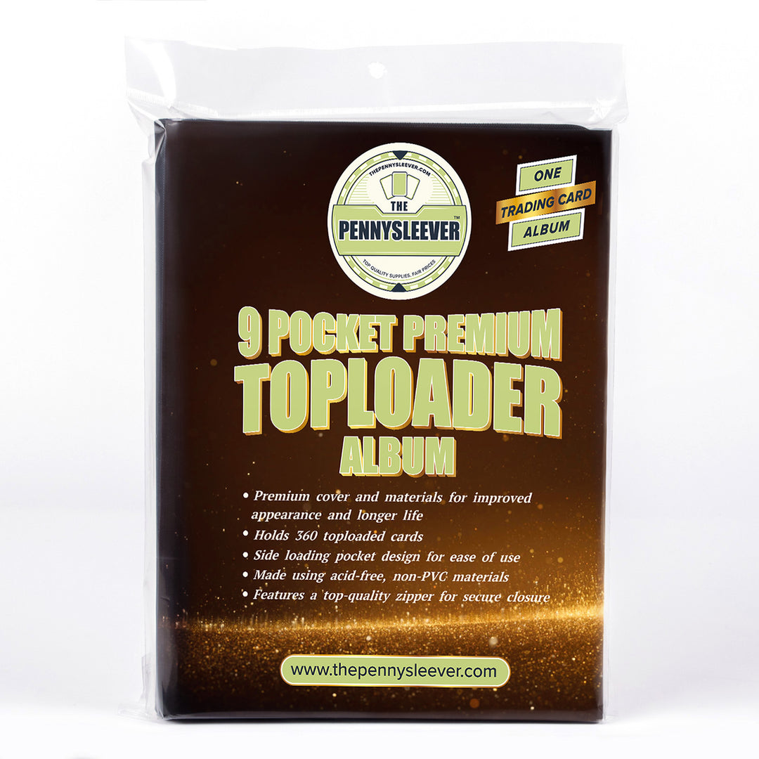 A packaged of 9 Pocket Premium Toploader Album by The Pennysleever, shown in its clear plastic bag against a white background. The album cover is dark brown with gold glitter accents and light green text.