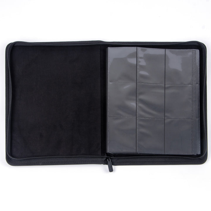 An open black zippered 9 pocket premium toploader album with a left side featuring a black suede fabric and a right side showing several clear plastic pockets for toploaded cards, photographed on a white background.