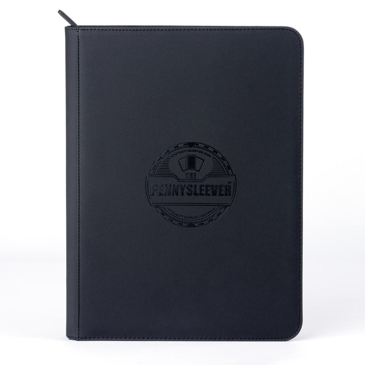 A black zippered, 9 pocket premium toploader album for trading card collectors with &
