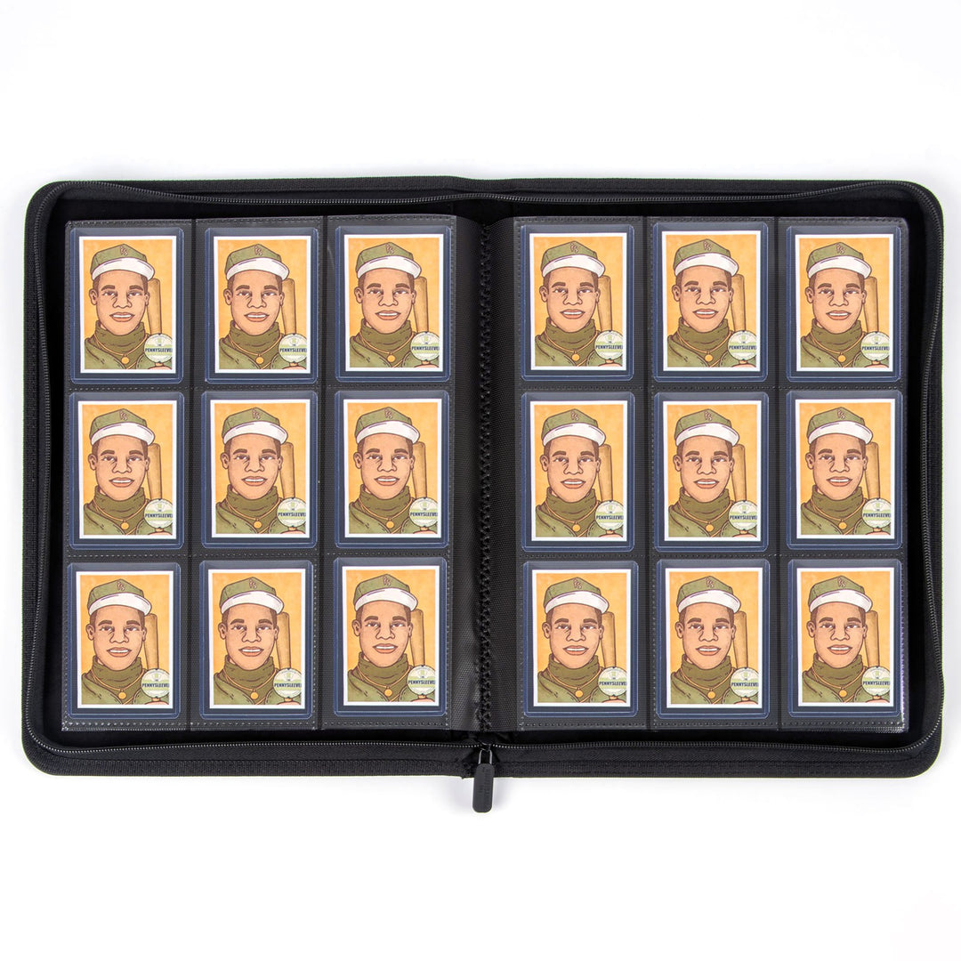 An open black zippered suede toploaded card binder displaying two columns of 12 illustrated baseball cards on a plain white background.