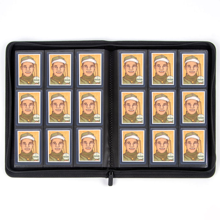 An open black zippered suede toploaded card binder displaying two columns of 12 illustrated baseball cards on a plain white background.