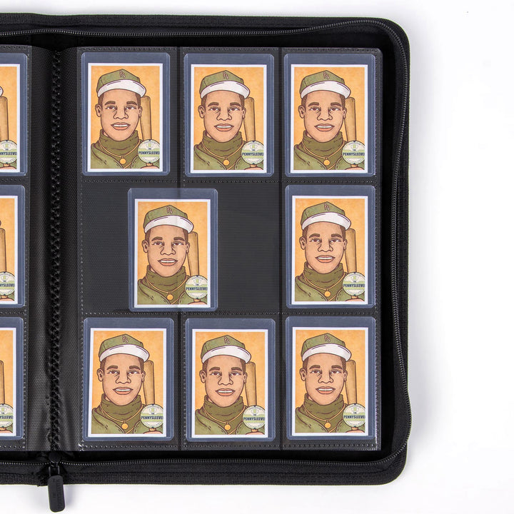 An open black zippered 9 pocket premium toploader album with a closed-up showing several trading cards in clear plastic pockets for toploaded cards, photographed on a white background.
