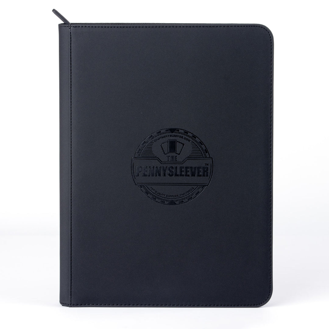 Black 9 pocket card collectors album with 'PENNYSLEEVER' logo on a white background