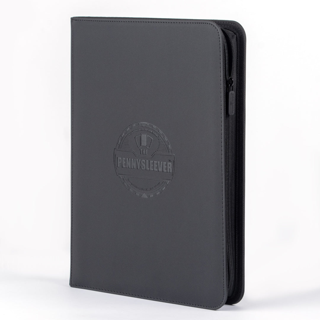 Black zippered 9 pocket album with 'Pennysleever' logo on a white background