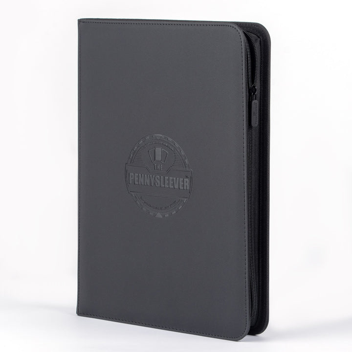 Black zippered 9 pocket album with 'Pennysleever' logo on a white background