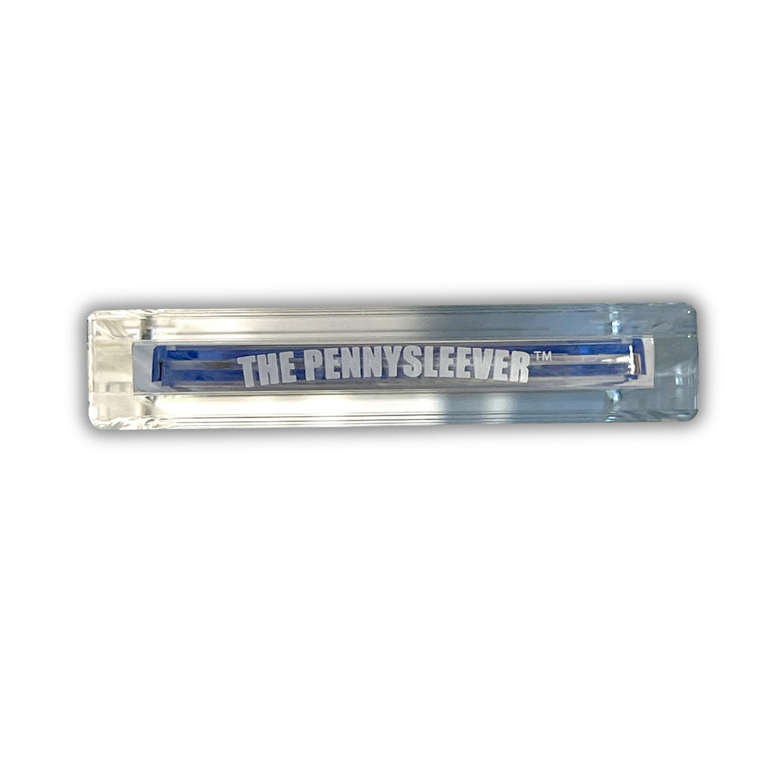 100% clear and durable acrylic case graded card holder from The Pennysleever, compatible with PSA and CGC graded cards., bottom logo.