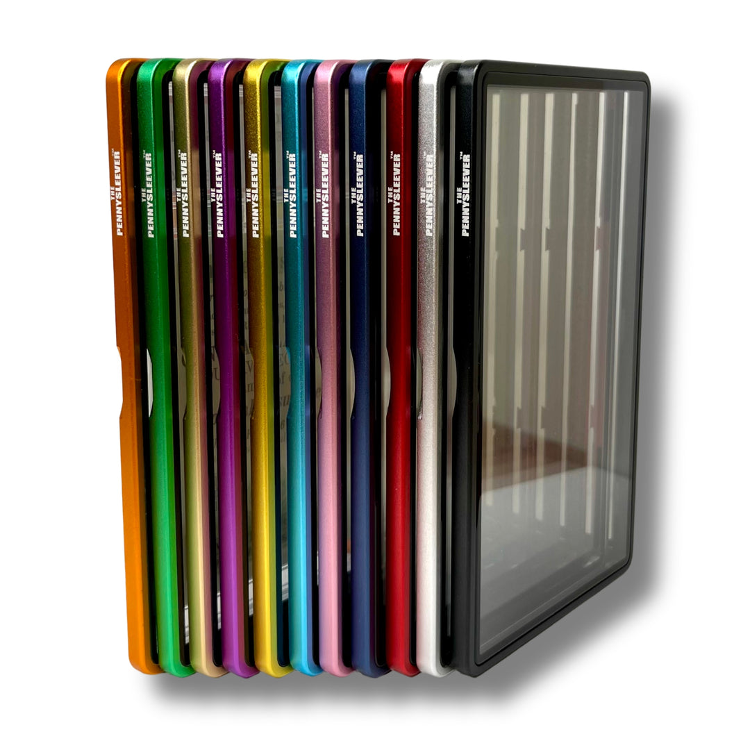 The Pennysleever’s all eleven colors (orange, green, gold, purple, yellow, light blue, pink, blue, red, silver and black) aluminum cases for PSA and CGC slabs are engineered with a strong, secure magnetic closure to keep your slab protected.