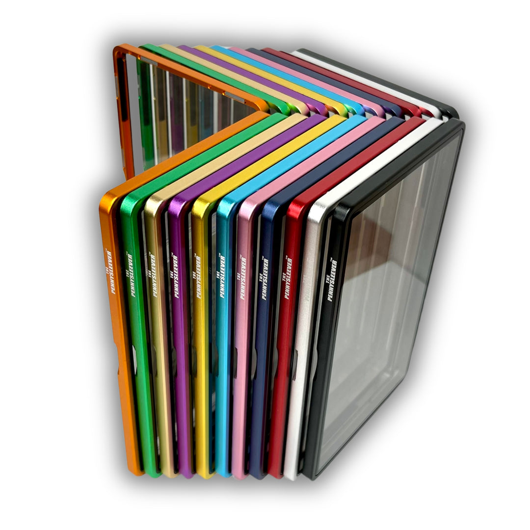 The Pennysleever’s aluminum cases—available in all eleven colors (orange, green, gold, purple, yellow, light blue, pink, blue, red, silver, and black)—are designed for PSA and CGC slabs and built with a strong, secure magnetic closure for reliable protection.