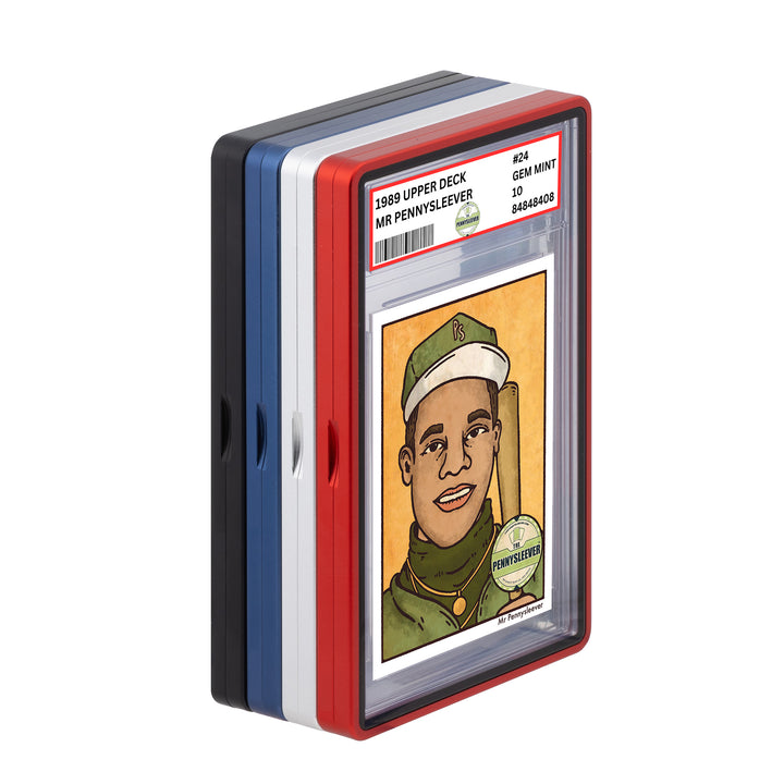 Stack of four different colored aluminum bumpers for graded cards from The Pennysleever