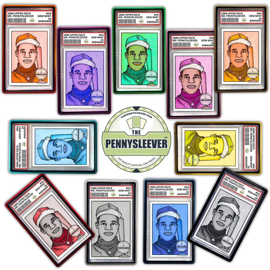 All eleven different colored aluminum bumpers for graded cards from The Pennysleever.