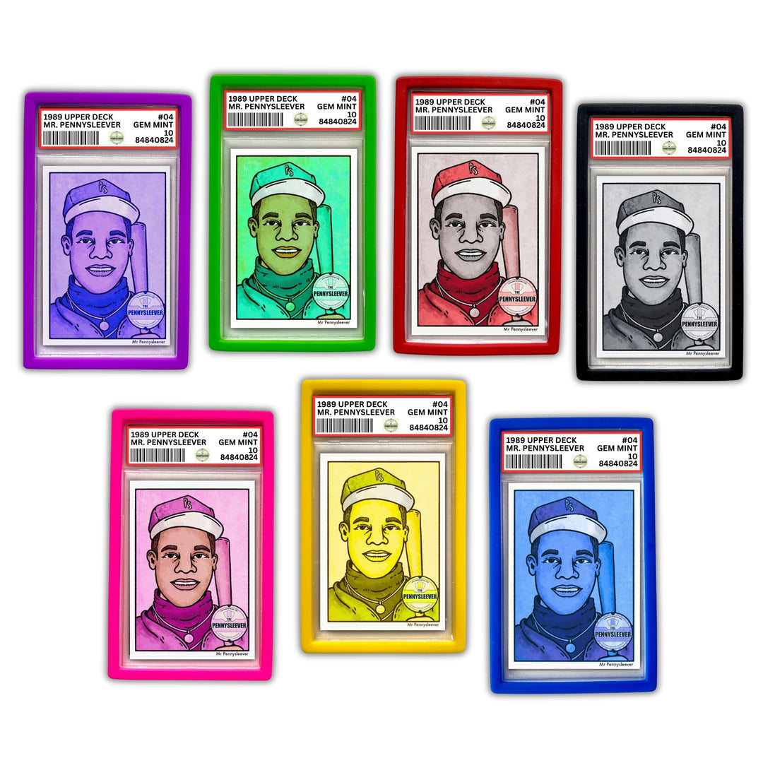 Seven different colors of The Pennysleever Silicone Slab Bumpers for PSA and CGC graded card.