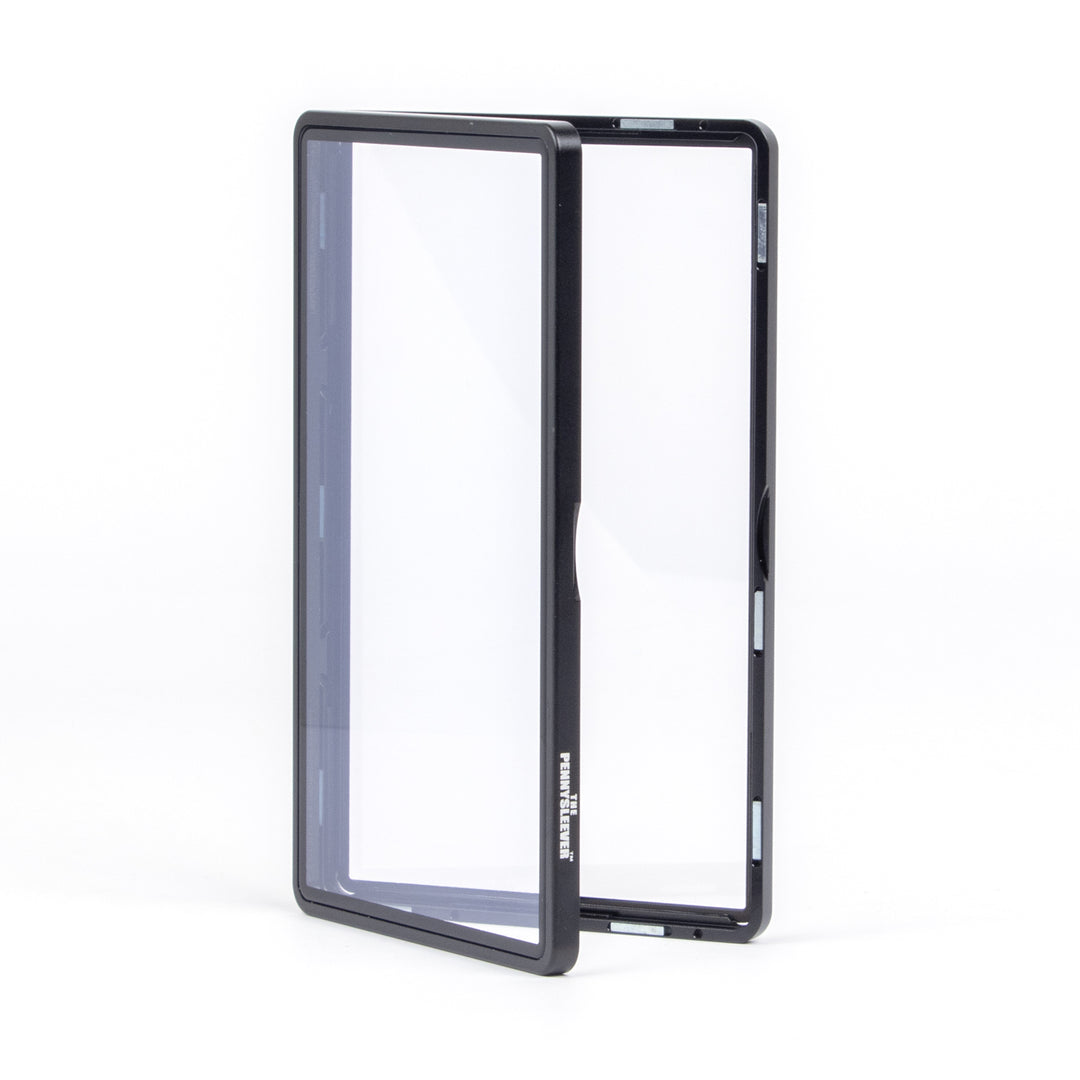 Black aluminum bumper from The Pennysleever with a clear design on a white background