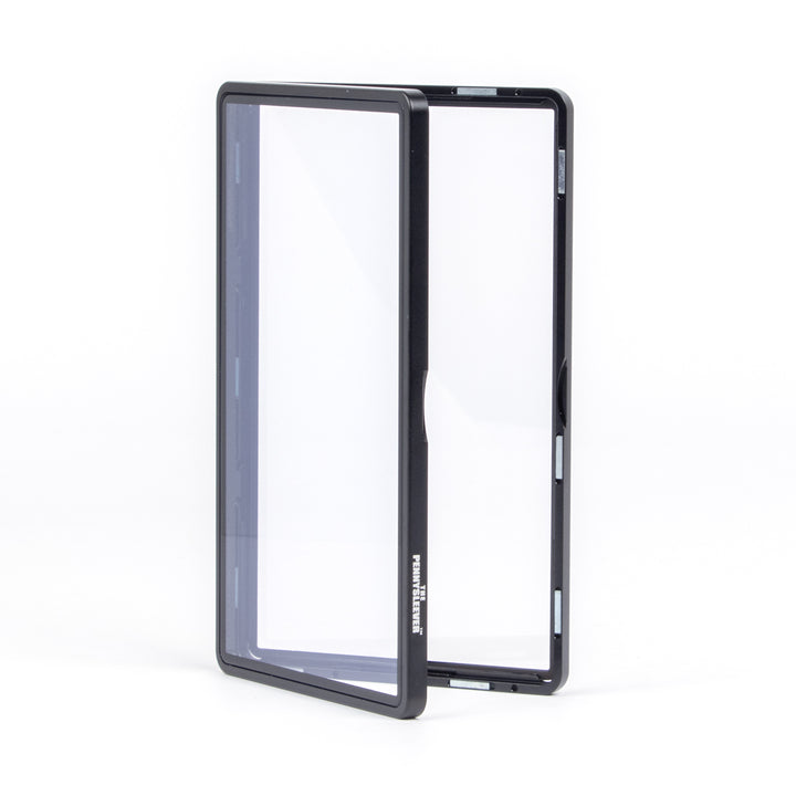 Black aluminum bumper from The Pennysleever with a clear design on a white background