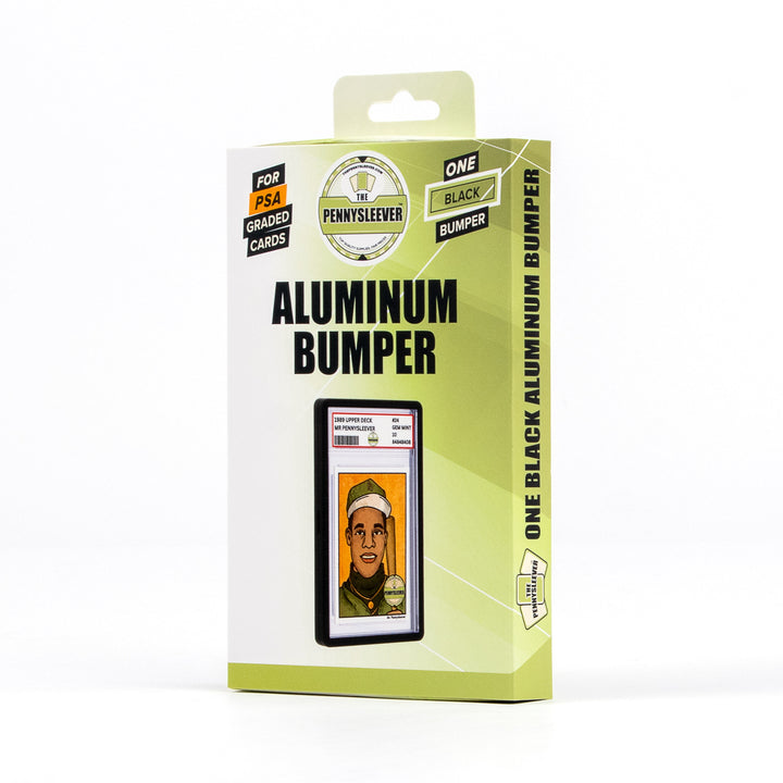 Pennysleever aluminum bumper packaging for graded cards on a white background