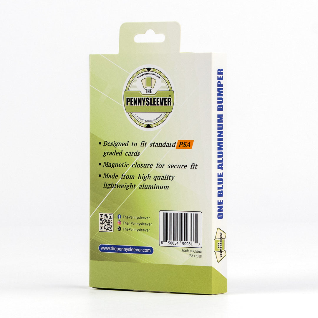Packaging of The Pennysleever blue aluminum bumpers with green and white design on a white background