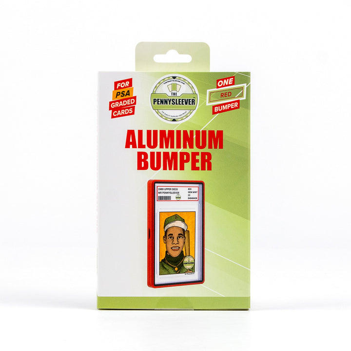 Packs of Red Pennysleever Aluminum Bumper for PSA graded cards on a white background