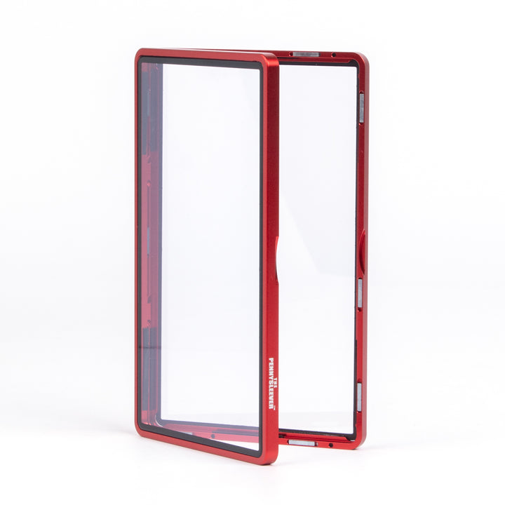 Red aluminum case for graded cards with a clear back on a white background