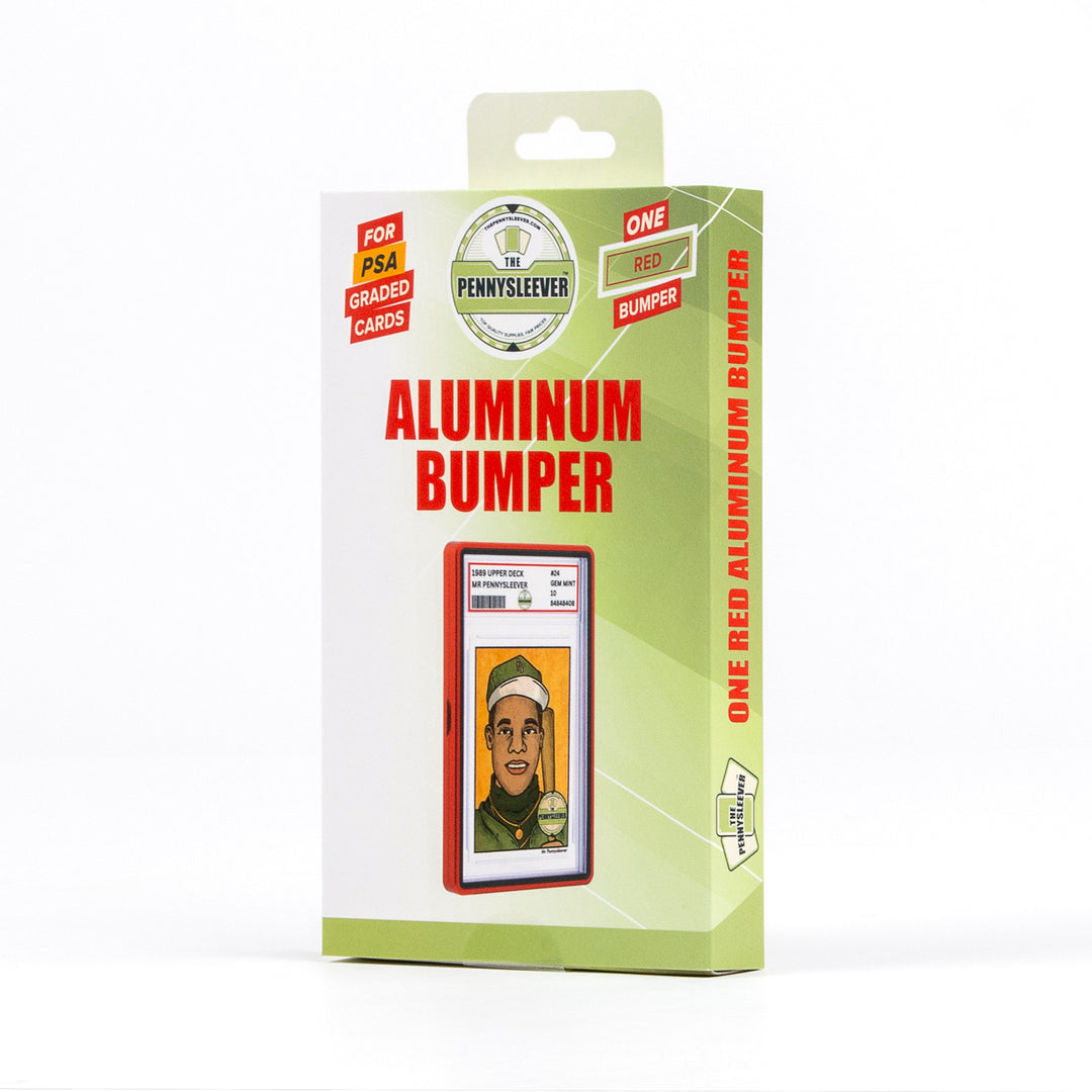 Pennysleever packaging for red aluminum bumper for graded cards on a white background