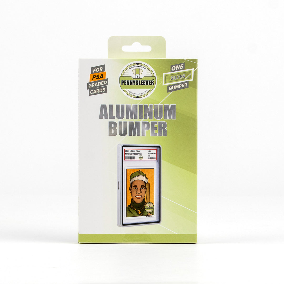 Packaged aluminum bumper for PSA graded cards with a card displayed on a white background