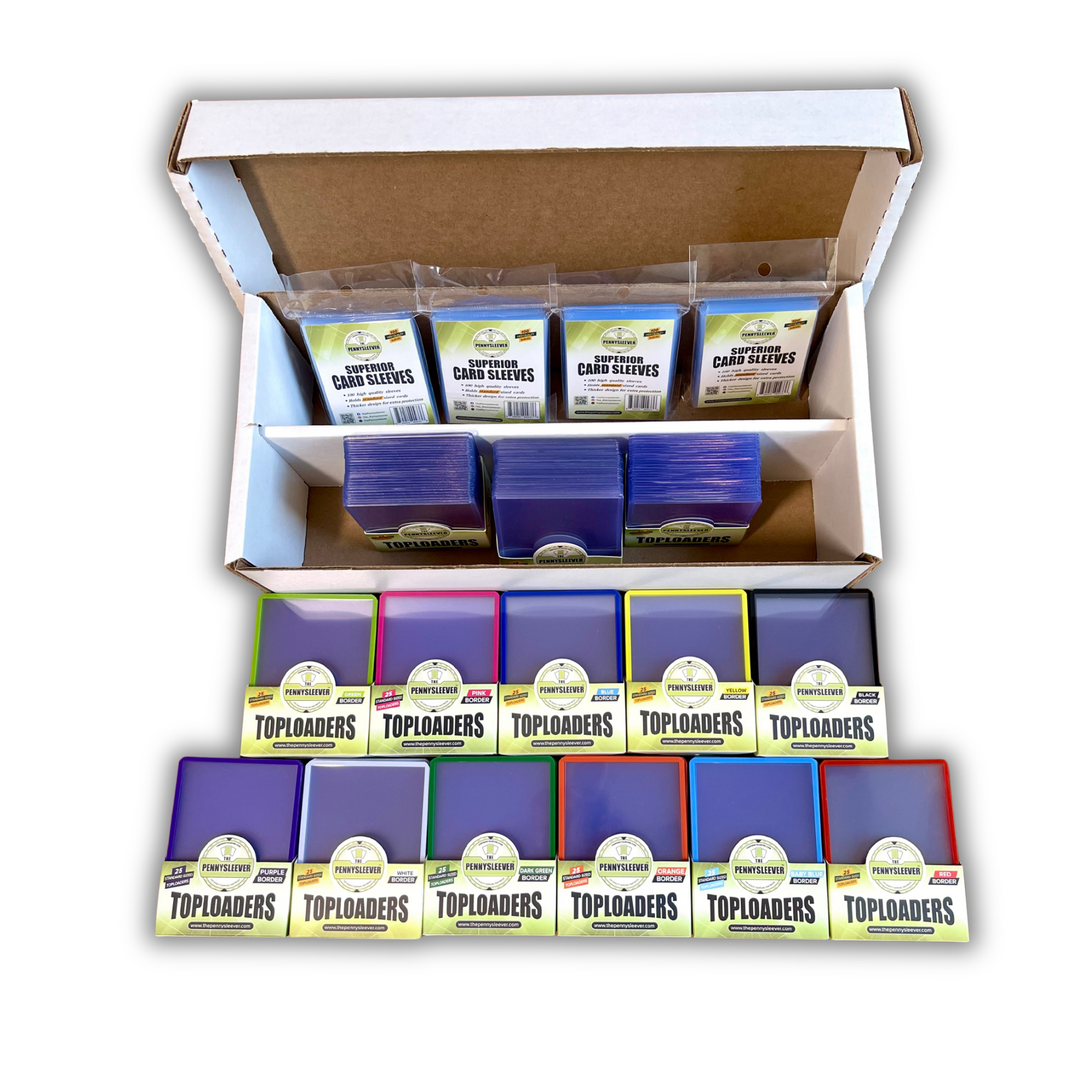 A display arrangement of 35pt Toploaders card sleeves, Superior Card Sleeves, and Color Frame 35pt Toploaders in multiple colors, including light green, pink, blue, yellow, black, purple, white, dark green, orange, light blue, and red displayed alongside an open two-row collector&