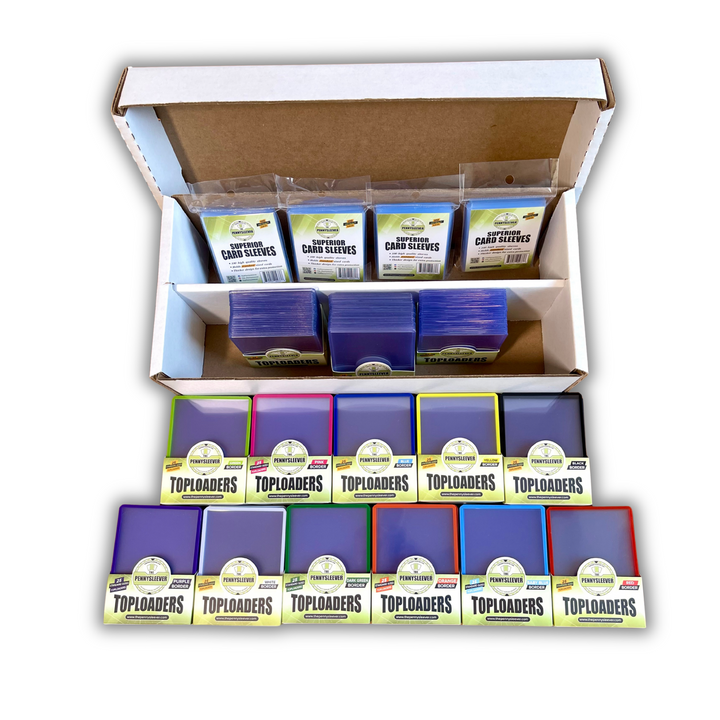 A display arrangement of 35pt Toploaders card sleeves, Superior Card Sleeves, and Color Frame 35pt Toploaders in multiple colors, including light green, pink, blue, yellow, black, purple, white, dark green, orange, light blue, and red displayed alongside an open two-row collector&