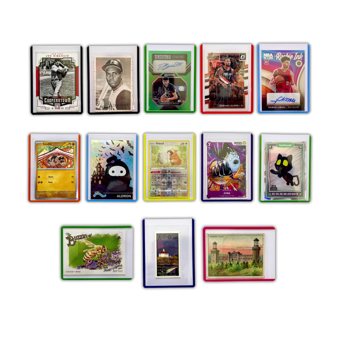 A displayed of Color Frame 35pt Toploaders with example cards for sports card collectors, vintage collectors, TCG/Pokémon collectors, and other types of collectors.