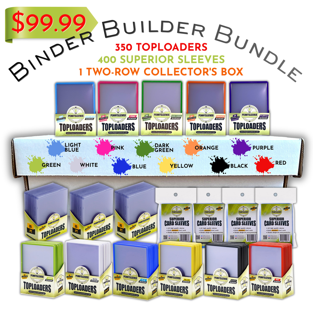 A display arrangement of 35pt Toploaders card sleeves, Superior Card Sleeves, and Color Frame 35pt Toploaders in multiple colors, including light green, pink, blue, yellow, black, purple, white, dark green, orange, light blue, and red displayed alongside a two-row collector&