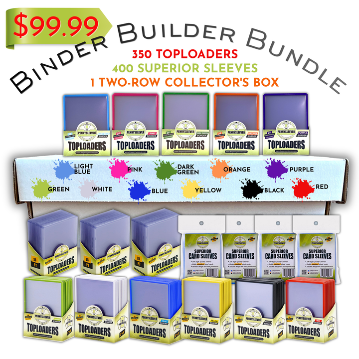 A display arrangement of 35pt Toploaders card sleeves, Superior Card Sleeves, and Color Frame 35pt Toploaders in multiple colors, including light green, pink, blue, yellow, black, purple, white, dark green, orange, light blue, and red displayed alongside a two-row collector&