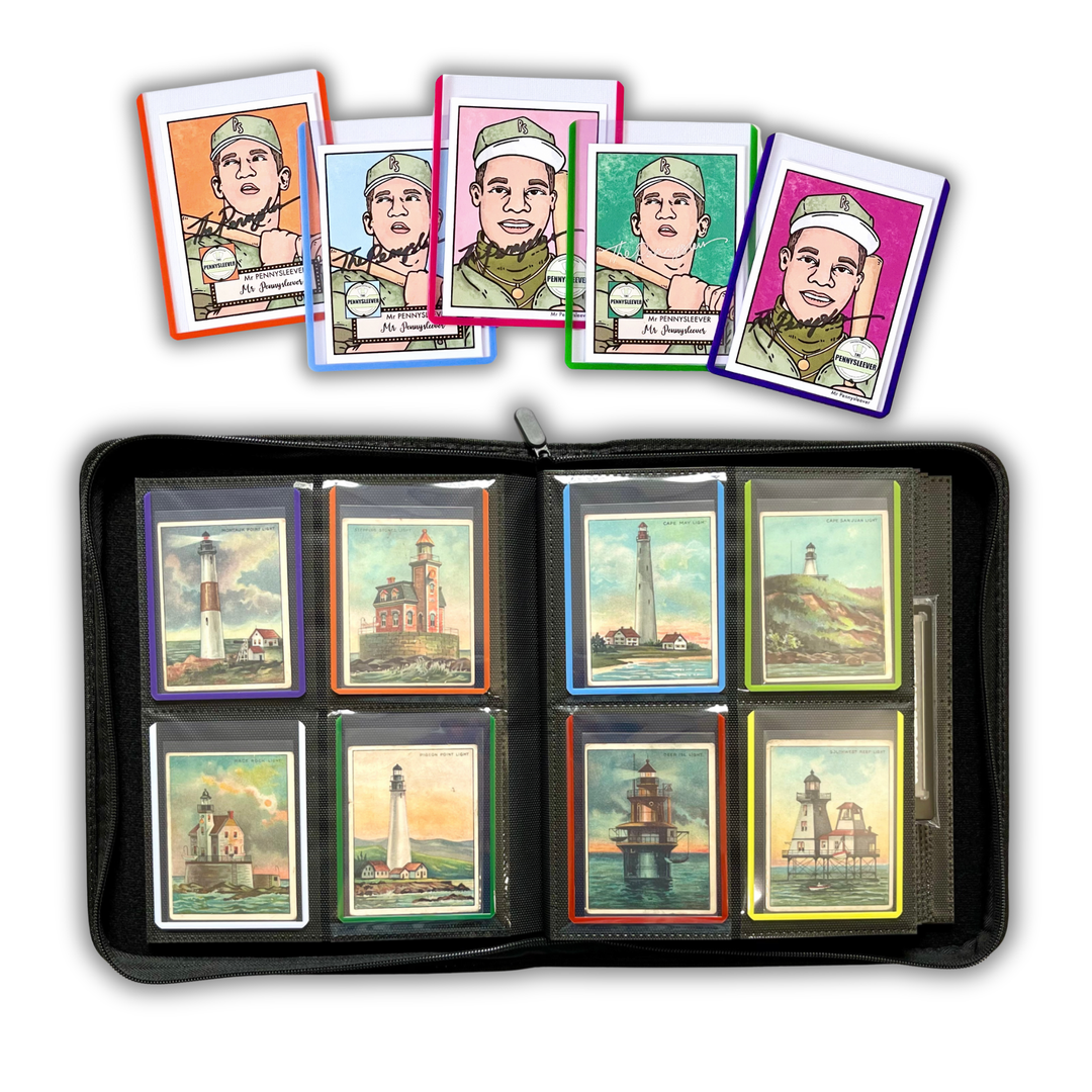 A 4 pocket binder holding vintage cards of lighthouses in Color Frame 35pt toploaders alongside a displayed of example cards from The Pennysleever custom made cards collection.