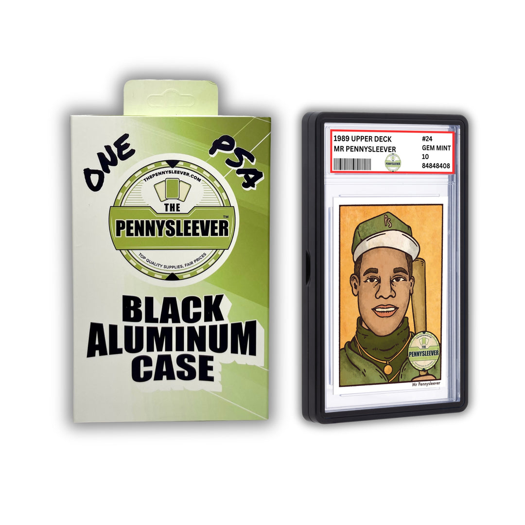 The Pennysleever’s black aluminum case for PSA and CGC slabs showcases a vintage‑style Ken Griffey Jr. card inside and is engineered with a strong, secure magnetic closure to keep your slab protected.