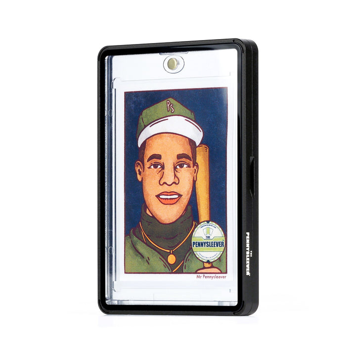 A clear Color Frame 35pt Magnetic Card Holder Aluminum protective case with a charcoal black border, shown upright on a white background. Inside the case is a custom portrait of a baseball player &