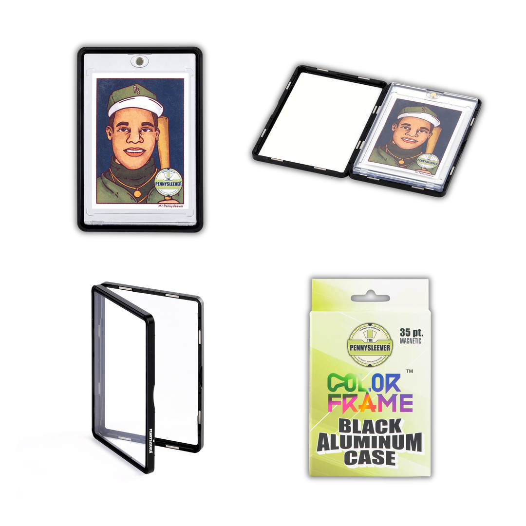Four views of a matte charcoal black aluminum case for 35pt Magnetic Card holder on a white background, including one with a custom &
