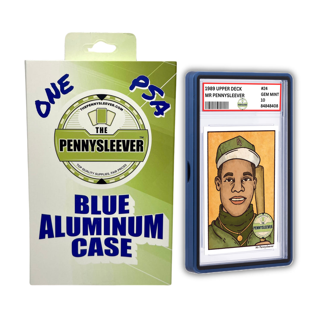 The Pennysleever’s blue aluminum case for PSA and CGC slabs showcases a vintage‑style Ken Griffey Jr. card inside and is engineered with a strong, secure magnetic closure to keep your slab protected.