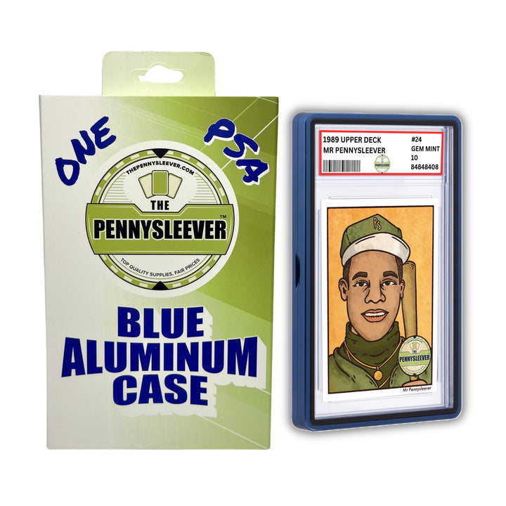 The Pennysleever’s blue aluminum case for PSA and CGC slabs showcases a vintage‑style Ken Griffey Jr. card inside and is engineered with a strong, secure magnetic closure to keep your slab protected.