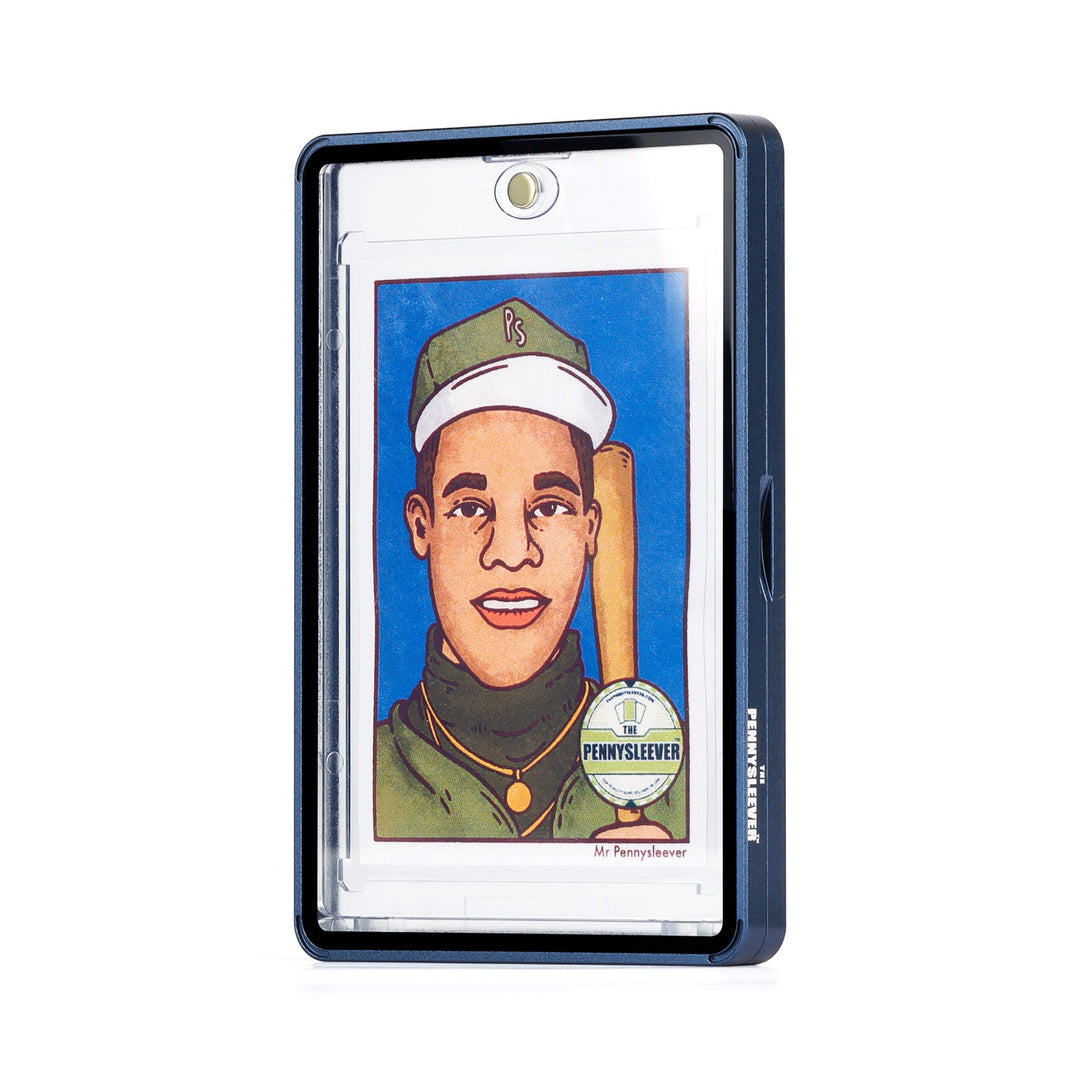 A clear Color Frame 35pt Magnetic Card Holder Aluminum protective case with a navy blue border, shown upright on a white background. Inside the case is a custom portrait of a baseball player &