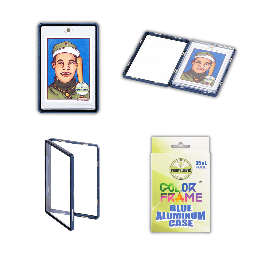 Four views of a navy blue aluminum case for 35pt Magnetic Card holder on a white background, including one with a custom &