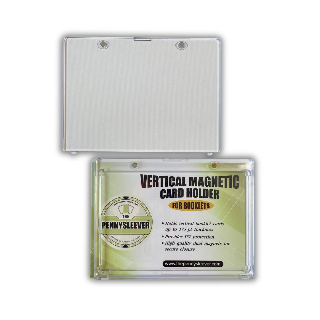 The Pennysleever Vertical magnetic card holder dual magnets for booklets with branding on a white background