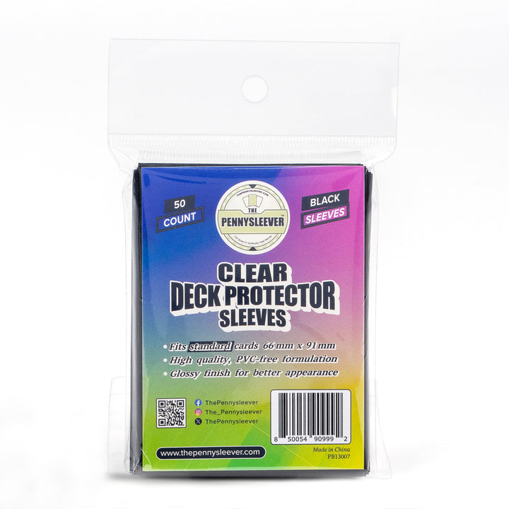 Pack of clear black deck protector sleeves with brand logo on a white background