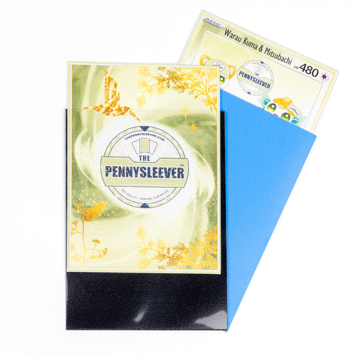 PennySleever card sleeves with a green and yellow design on a white background
