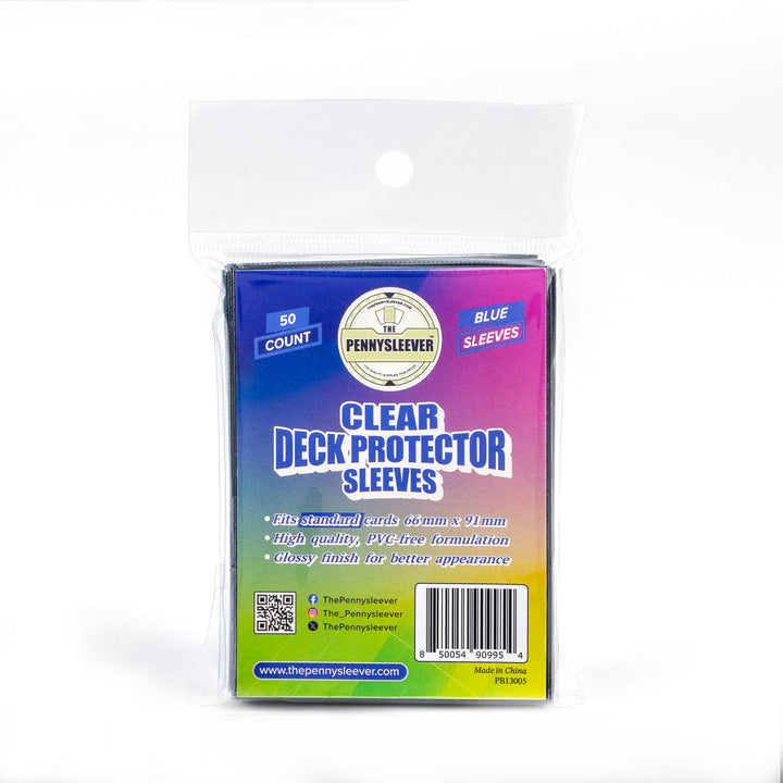 Pack of clear blue deck protector sleeves with Pennysleever branding on a white background