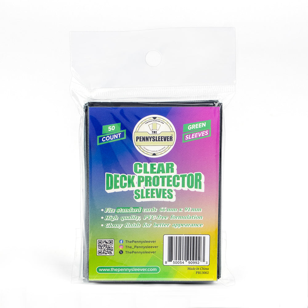 Pack of green deck protector sleeves with branding on a white background