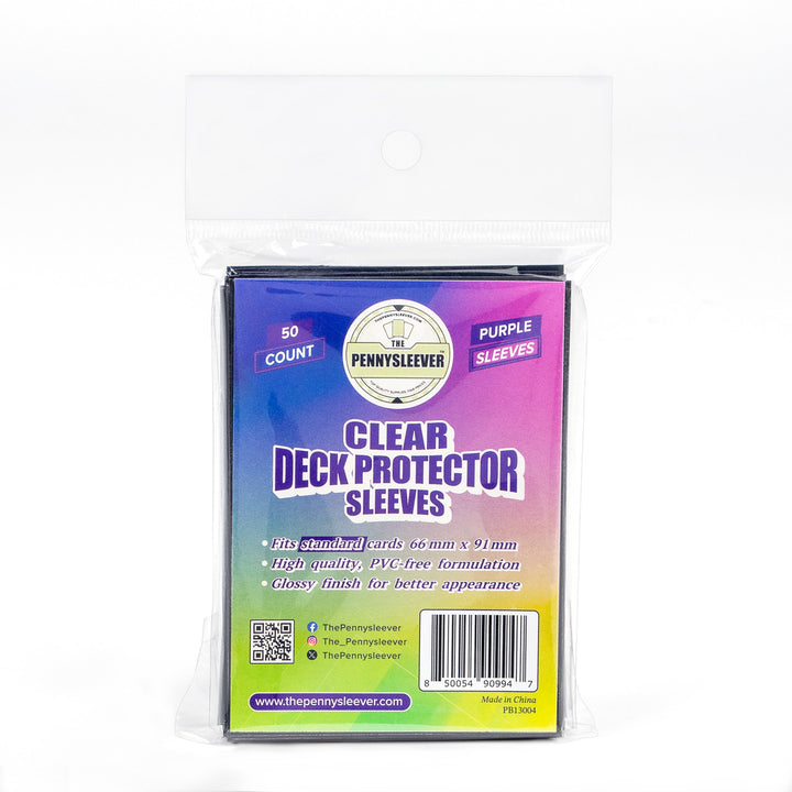 Pack of clear purple deck protector sleeves with PennySleever branding on a white background