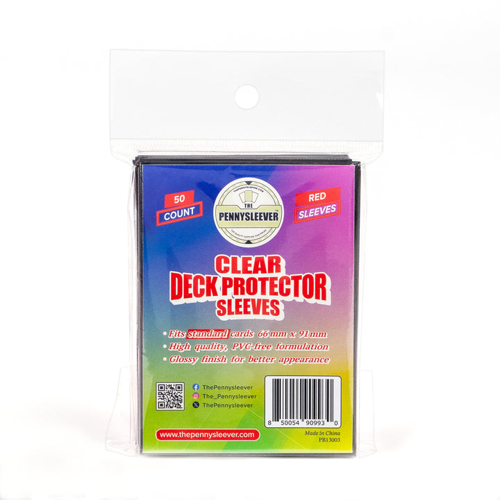 Pack of clear red deck protector sleeves with Pennysleever branding on a white background