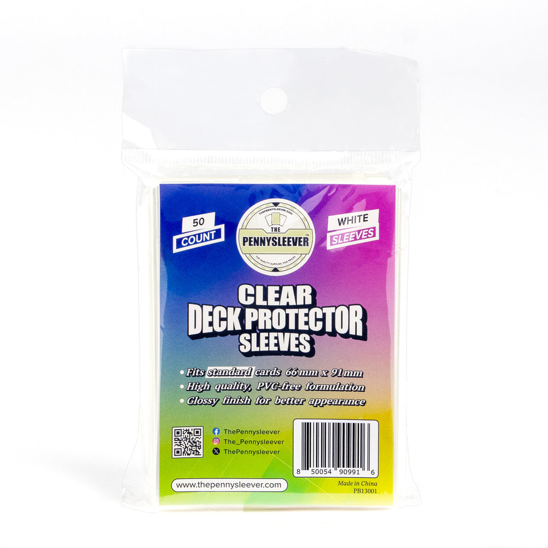 Pack of clear deck protector sleeves with colorful packaging on a white background