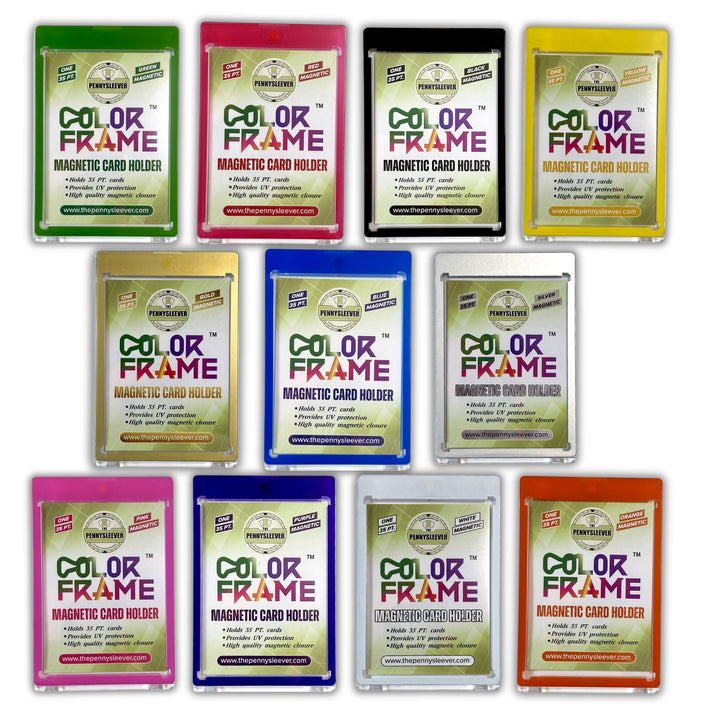A set of The Pennysleever Color Frame 35 pt Magnetic Card Holders consisting of orange, black, silver, purple, blue, yellow, red, green, pink, white and old magnetic holders.