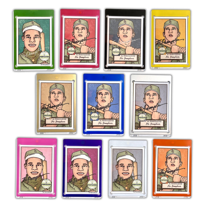 A set of The Pennysleever Color Frame 35 pt Magnetic Card Holders consisting of orange, black, silver, purple, blue, yellow, red, green, pink, white and old magnetic holders.