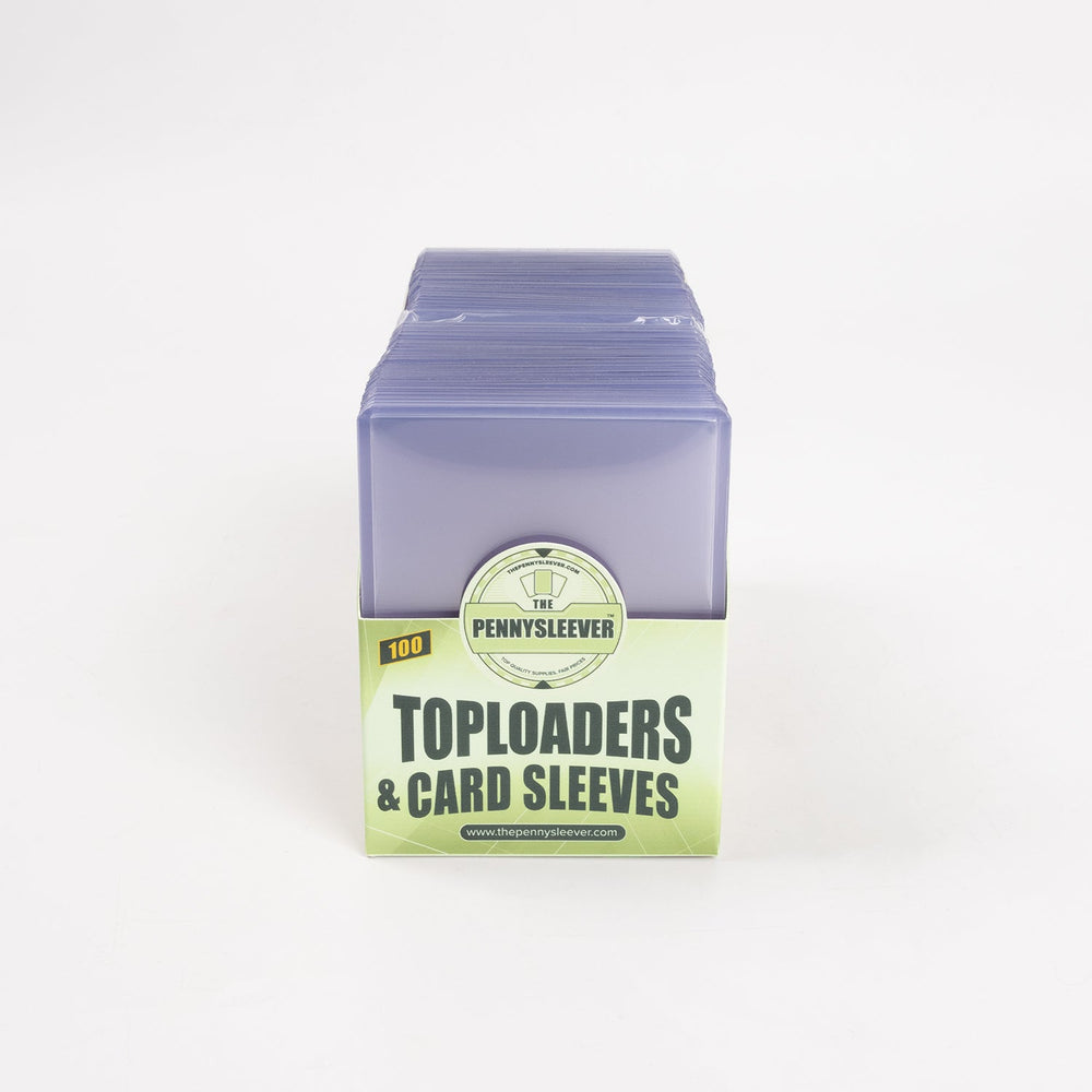 Front view of a 100 count toploader and card sleeve combo pack from The Pennysleever.
