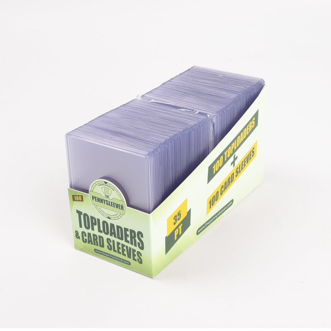 45 degree left side view of a 100 count toploader and penny sleeve combo pack against a white backdrop.