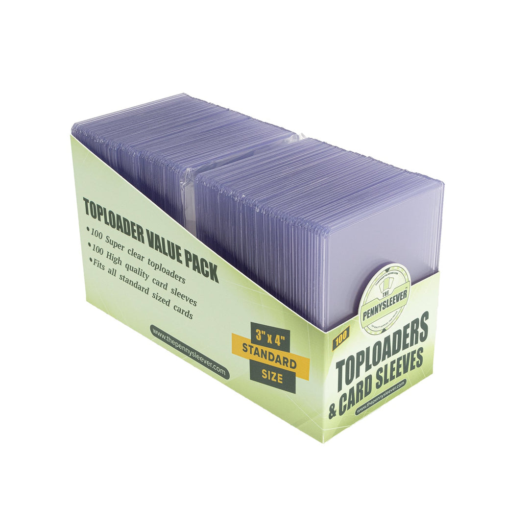 45 degree side view of a 100 count 35 point toploader and card sleeve value pack.